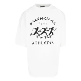 Balenciaga Herren SS21 Marathon-Laufshirt mit Musterdruck und Logo, kurzärmelig, weiss 641614TJVK69040