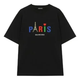 Balenciaga Paris Love T-Shirt für Herren, reguläre Passform, Aufdruck, kurze Ärmel, schwarz 594579TGV431000