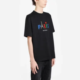 Balenciaga Paris Love T-Shirt für Herren, reguläre Passform, Aufdruck, kurze Ärmel, schwarz 594579TGV431000