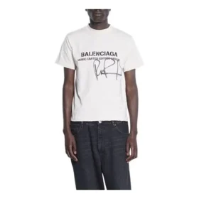 Balenciaga x RuPaul gemeinsam signiertes FW21-Shirt mit Buchstabenprint und rundem Kragen, Herren, weiss 670943TLV579057