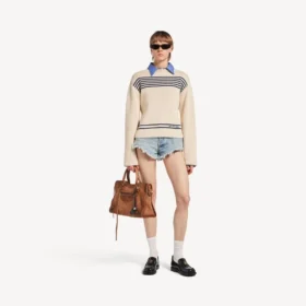 Damenpullover mit U-Boot-Ausschnitt in Marineblau/Weiss