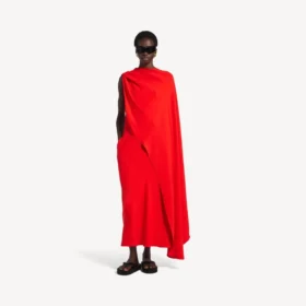 Drapiertes Damenkleid in Sonnenuntergangsrot