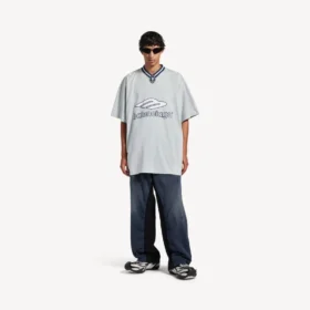 Herren 3b Fussball-T-Shirt mit V-Ausschnitt, Oversize, in Grau/Weiss