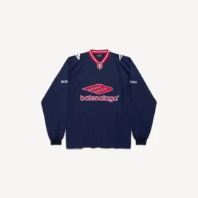 Herren-Fussball-Langarm-T-Shirt mit V-Ausschnitt 3b in Dunkelblau/Rot
