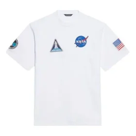 Herren-Pullover Balenciaga x NASA Crossover FW21, locker sitzend, Rundhalsausschnitt, kurze Ärmel, weiss 651795TKVD79040
