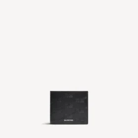 Quadratische, gefaltete Herrenbrieftasche mit geprägtem Monogramm in Schwarz