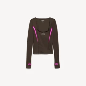 Tailliertes Techwear-Langarm-Top für Damen in Khaki-Braun/Neon-Pink