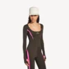 Tailliertes Techwear-Langarm-Top für Damen in Khaki-Braun/Neon-Pink